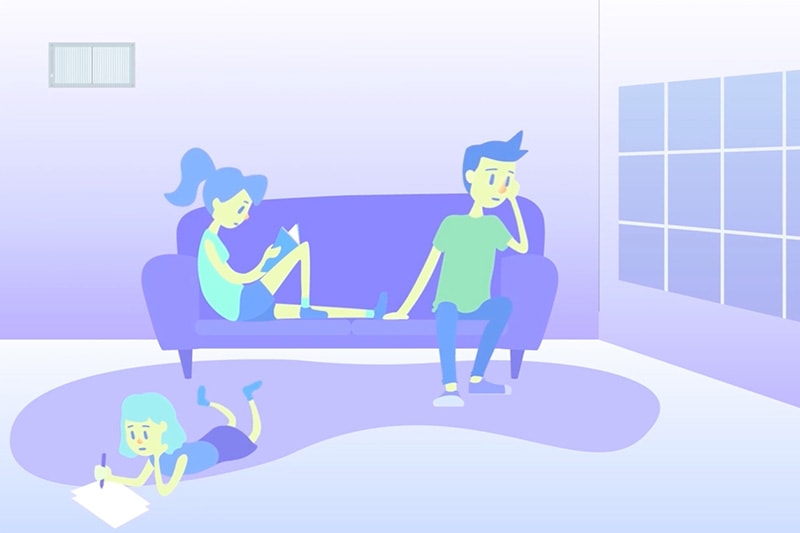 Video - Keep Clean Air During Your Time at Home. Colorful cartoon of two people sitting on a couch with child playing on the floor.